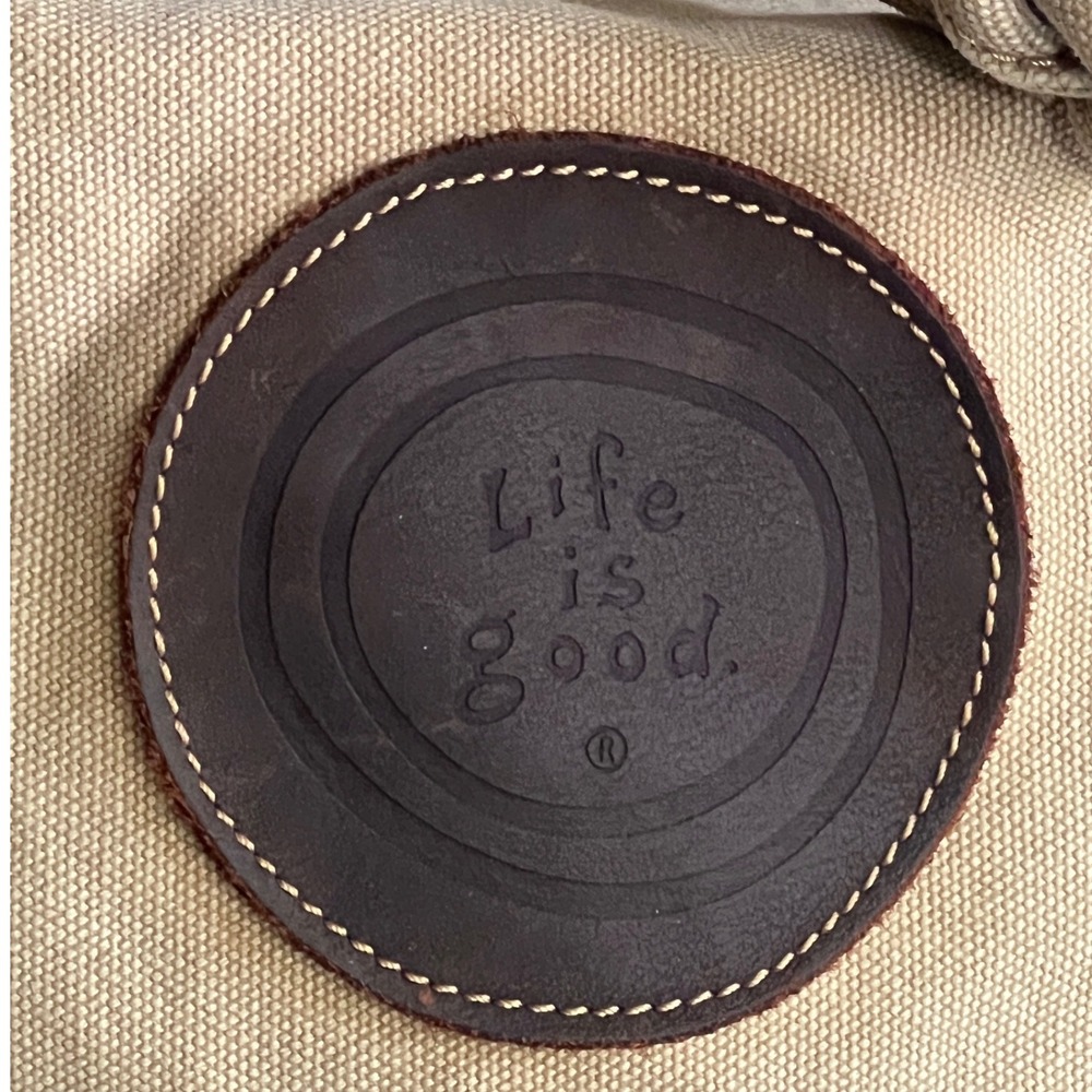 Life is Good Canvas Bucket Backpack Khaki Cotton Leather Trim Drawstring Bag - Picture 2 of 16